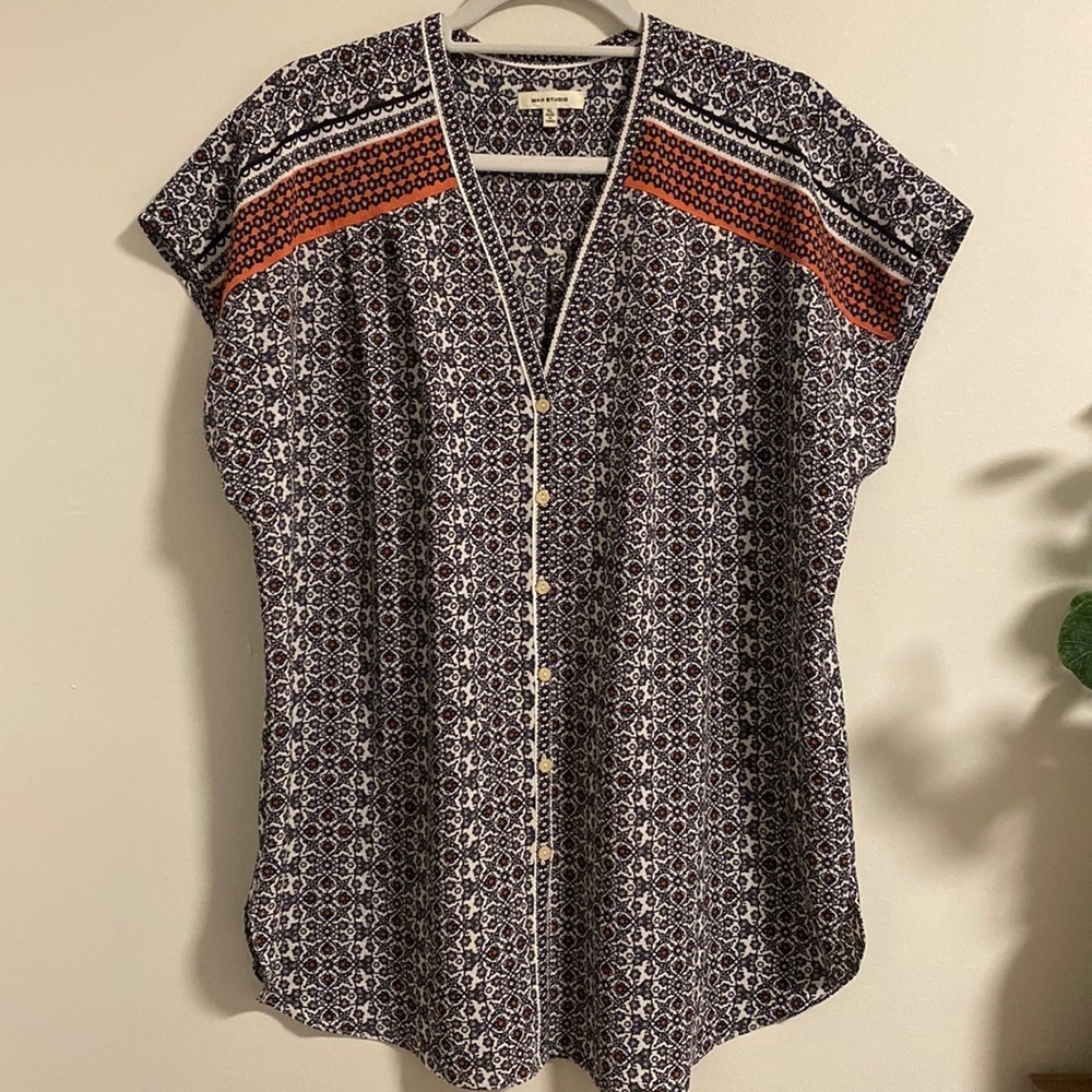 Max Studio Button Down Short Sleeve Blouse Size XL
